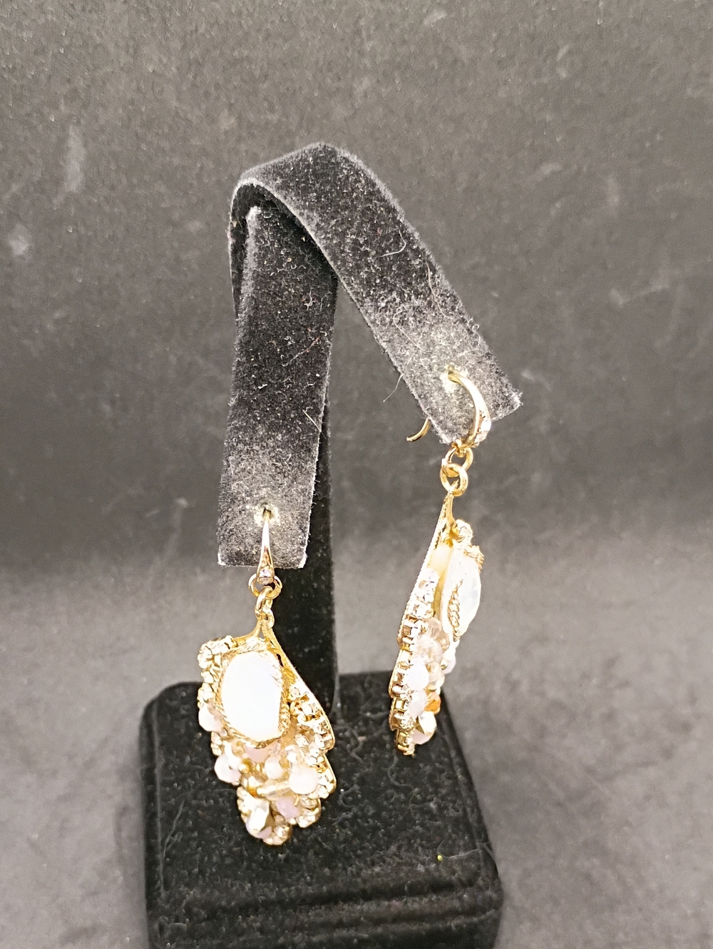 Delicate Gold and White Drop Earrings with Crystal Accents